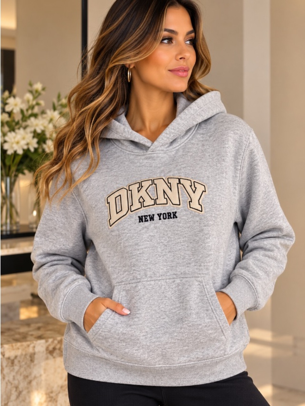DKNY Gray Pullover Hoodie with Beige Logo